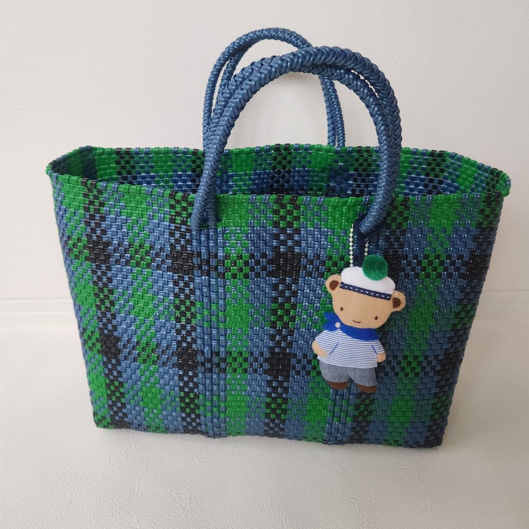 ファミリア　メルカドバッグ　緑　青　チェック　かご　グリーン　ブルー