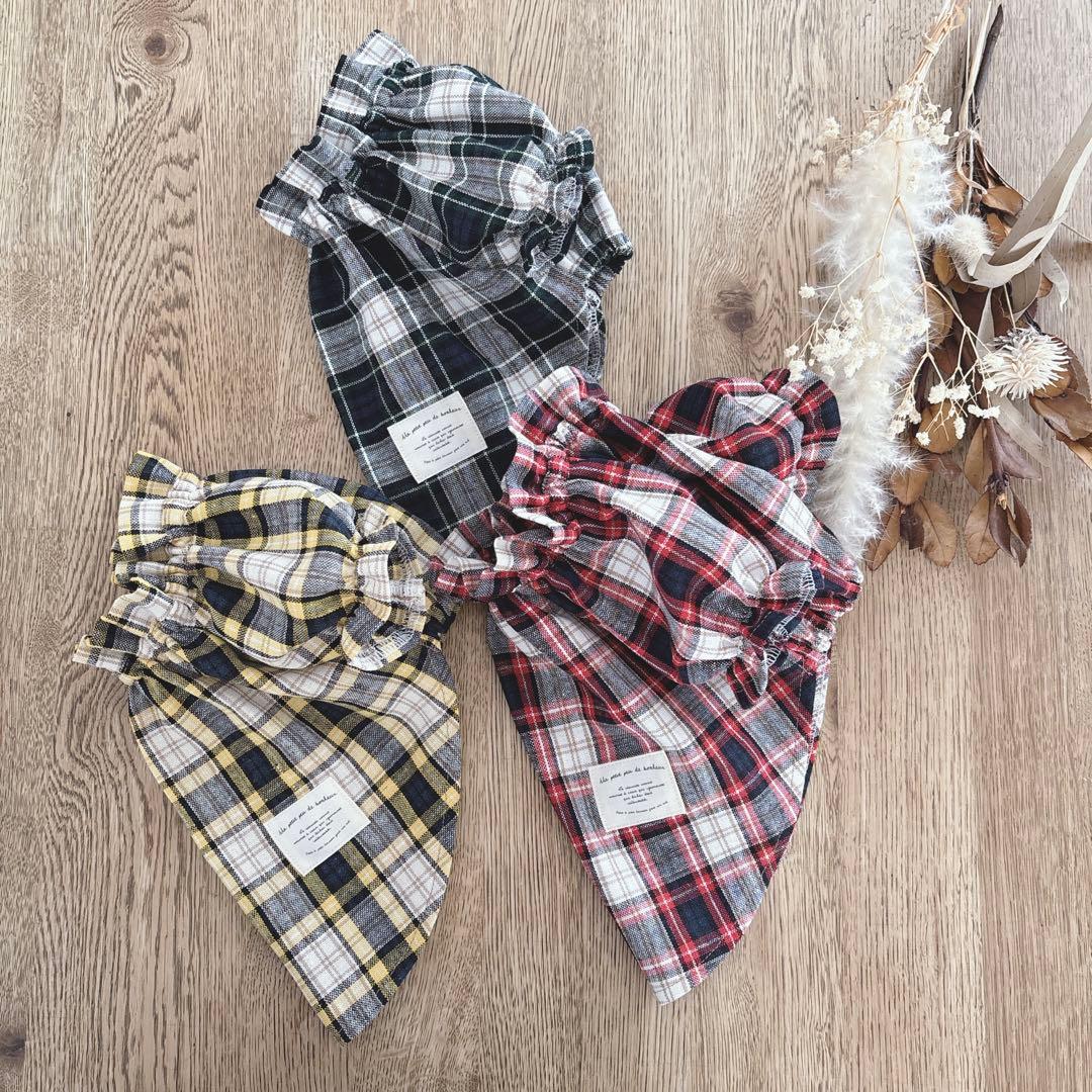 ハンドメイド　韓国生地タータンチェック　立ち襟ふんわりチュニック　紅葉にも♡