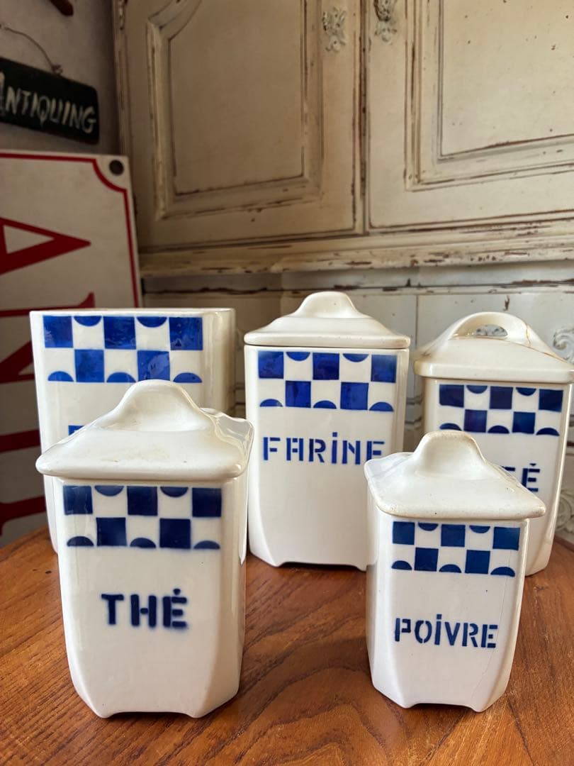 FJアンティーク 陶器　キャニスター　ブルー　市松　バドンヴィレー　レア