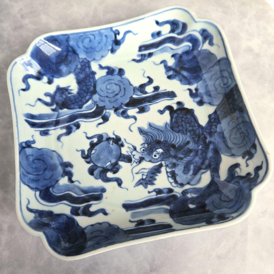 古伊万里　染付　隅入角皿　江戸時代　龍　ドラゴン　金直し　金継ぎ　骨董　和骨董