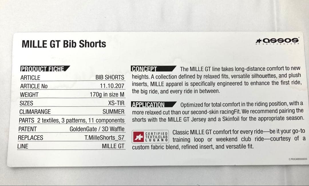 1334N9パ ASSOS アソス MILLE GT BibShorts S