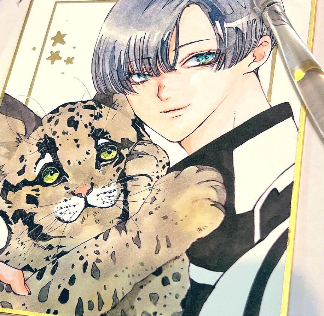 手描きイラスト ミニ色紙 少年 ウンピョウ/狐っ娘 オリジナル