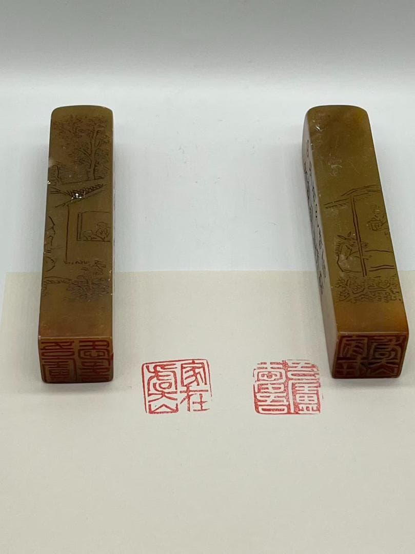 民国　寿山凍石　庭園仙人図印一対　名人印(F-240)