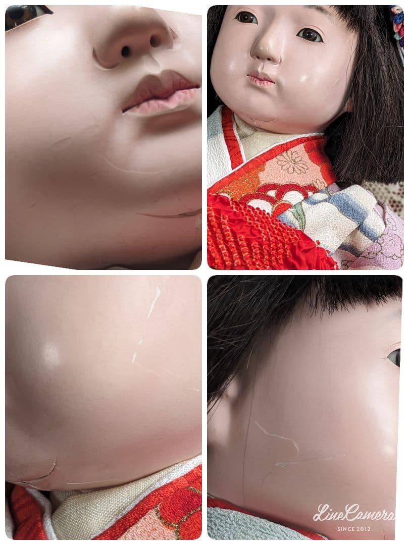 市松人形　銘有り春水 42cm位 難あり顔にライン状の極細いひび割れ　昭和初期