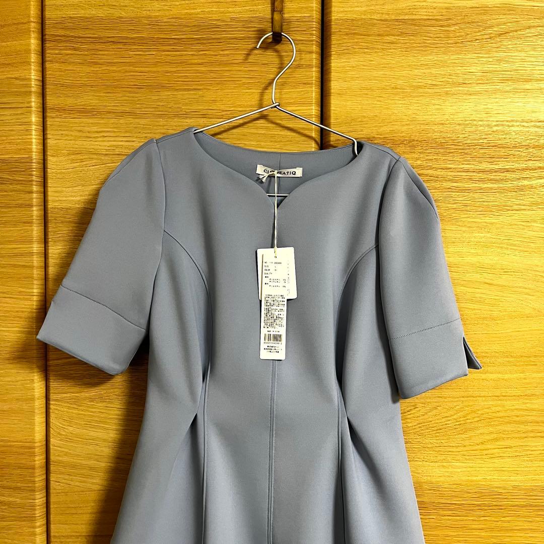 CINEMATIQ ストレッチハートネックワンピース ライトブルー Ｌ 新品