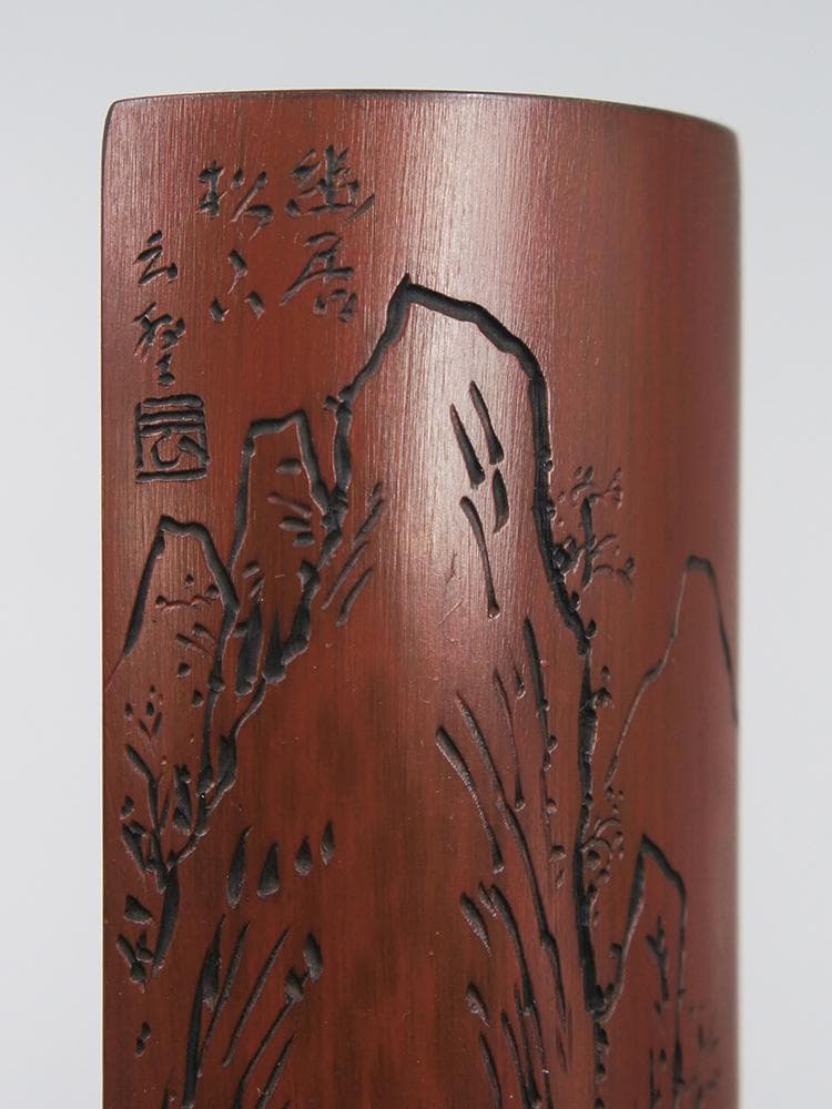 【竹】　★ 竹木 唐竹彫山水紋腕枕 ★　落款有　老松隠士 彫刻文様　文房珍玩