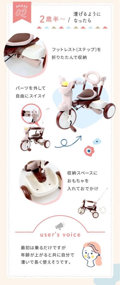 【美品】iimo 三輪車 折りたたみ コンフォートブラウン くすみピンク