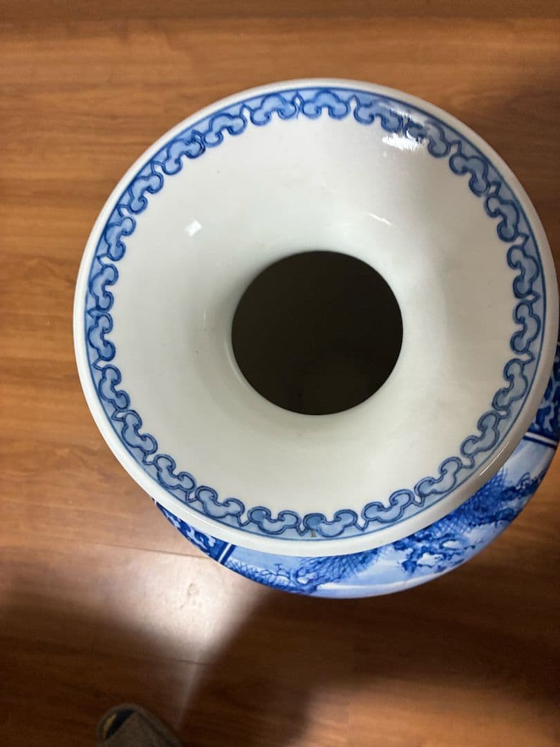 青白陶器花瓶 鶴 鷹 鯉