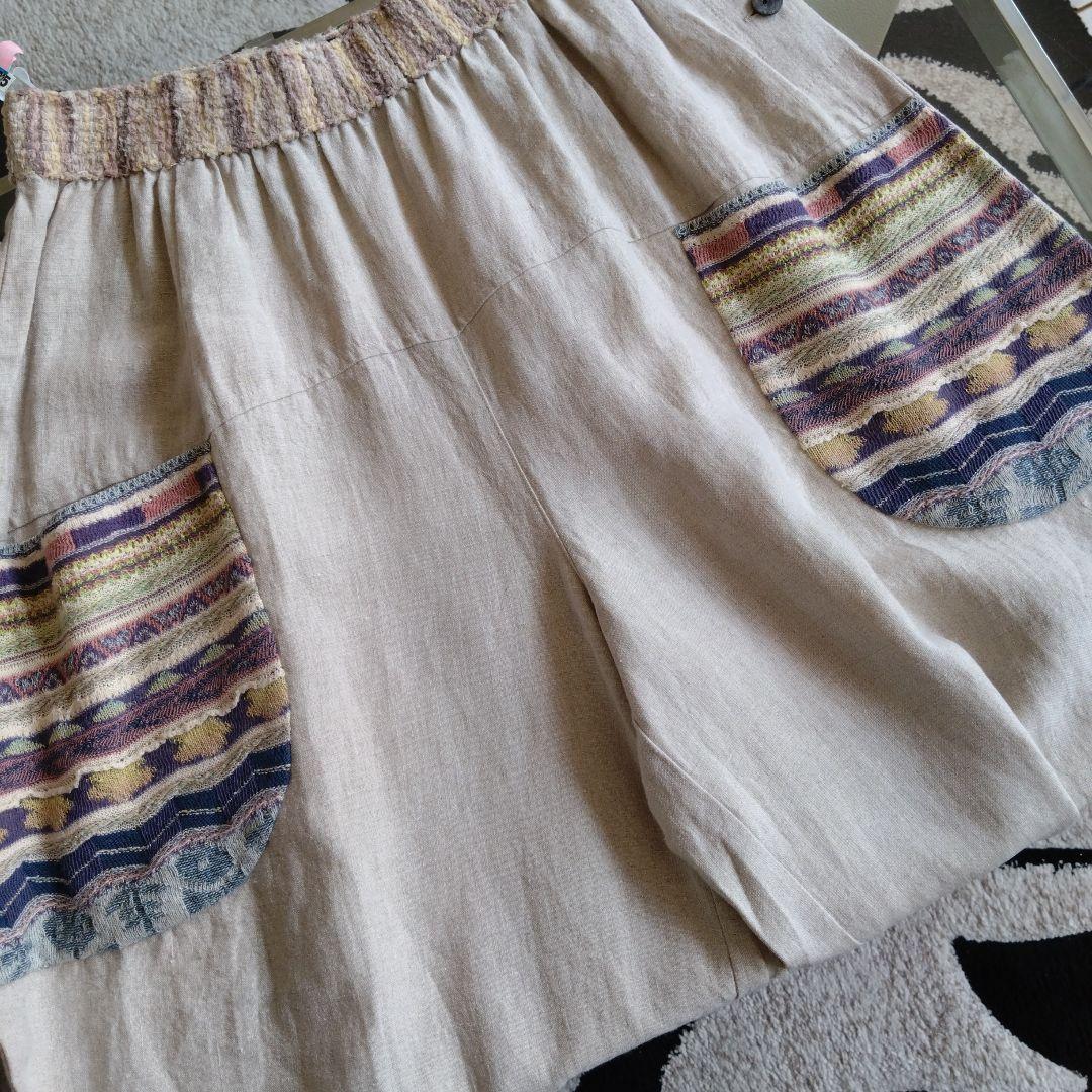 【美品】エムアンドキョウコ　麻100％　ガウチョパンツ ベージュ　2