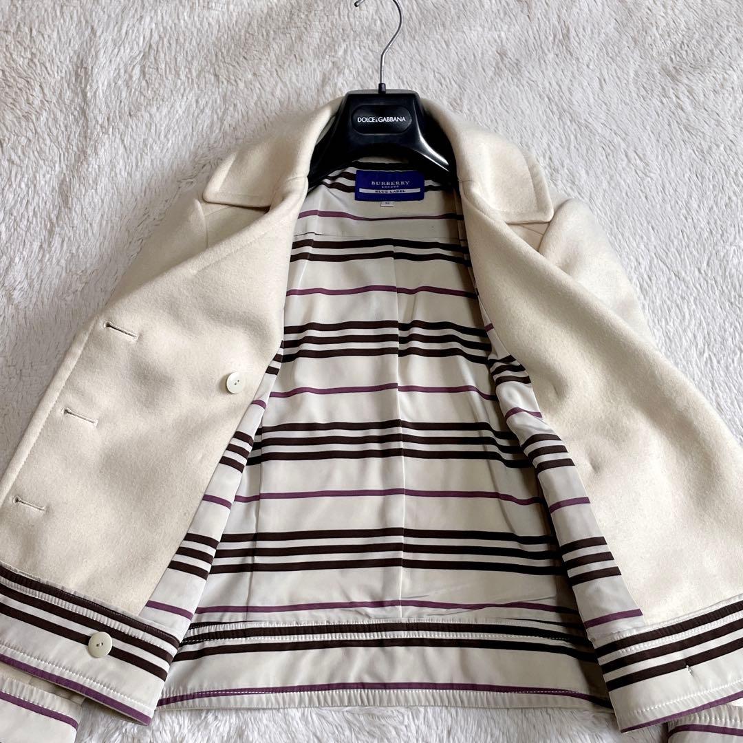 美品 バーバリーブルーレーベル ノバチェック ウール Pコート ジャケット 白