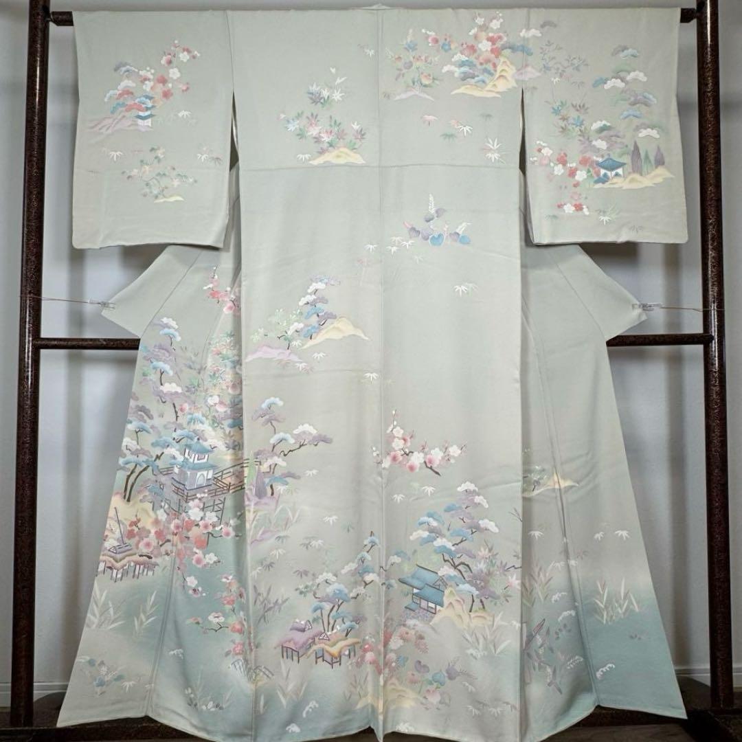 超美品　正絹　袷　訪問着　着物　160裄67 手書き友禅　風景　淡色　薄緑　桃色