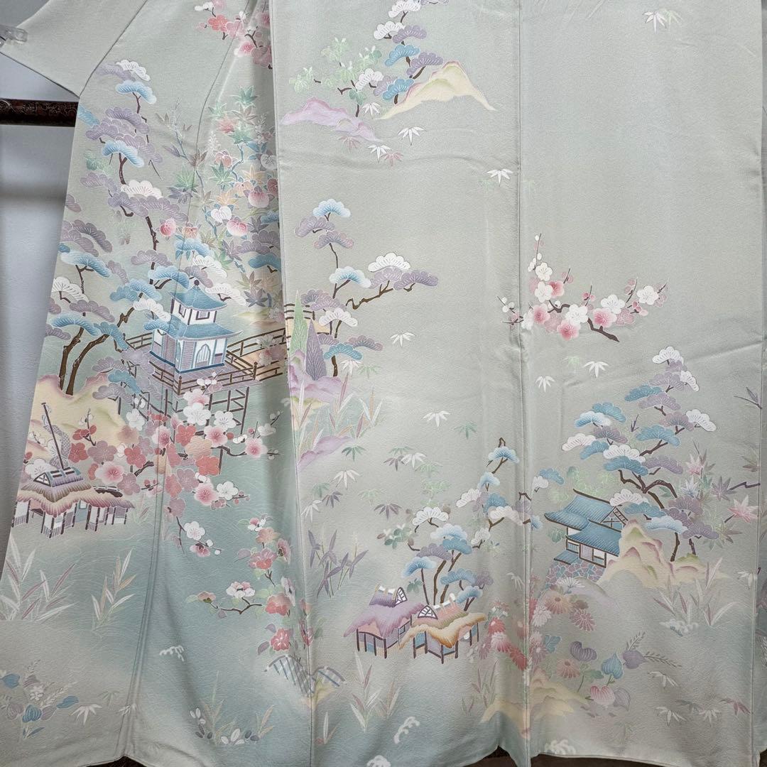 超美品　正絹　袷　訪問着　着物　160裄67 手書き友禅　風景　淡色　薄緑　桃色