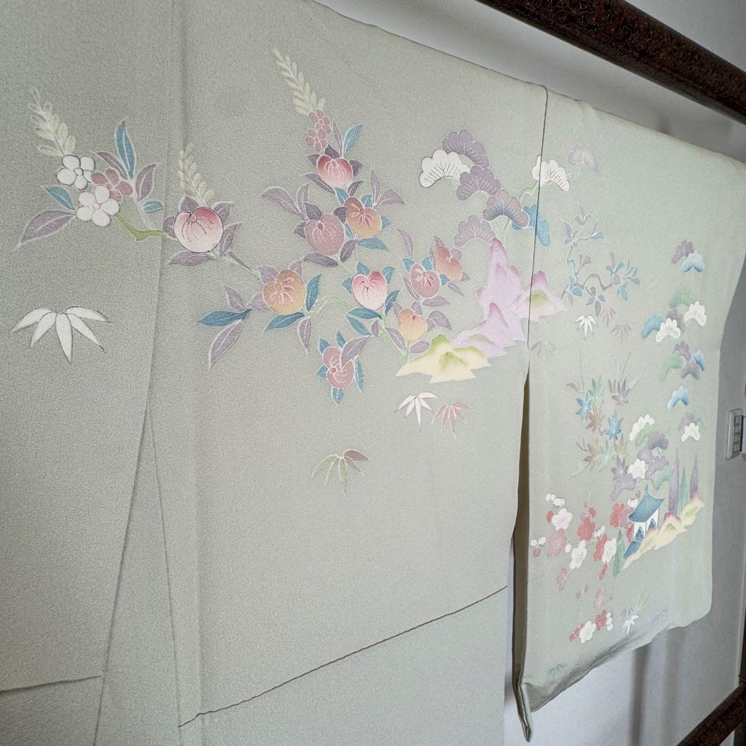 超美品　正絹　袷　訪問着　着物　160裄67 手書き友禅　風景　淡色　薄緑　桃色
