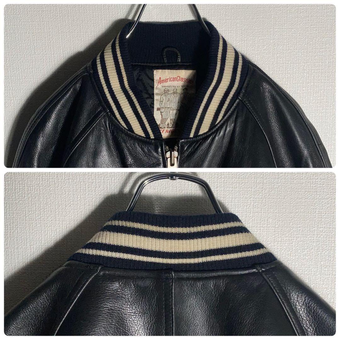 AVIREX スタジャン ラムレザー アーチロゴ 黒 S.