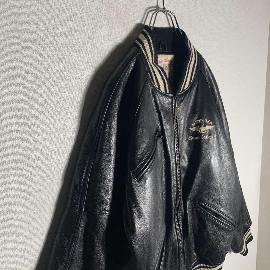 AVIREX スタジャン ラムレザー アーチロゴ 黒 S.