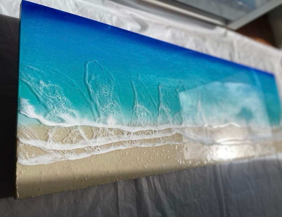 波3層　オーシャンレジン海アート　壁掛けアートロングパネル　W90㎝✖️H30㎝