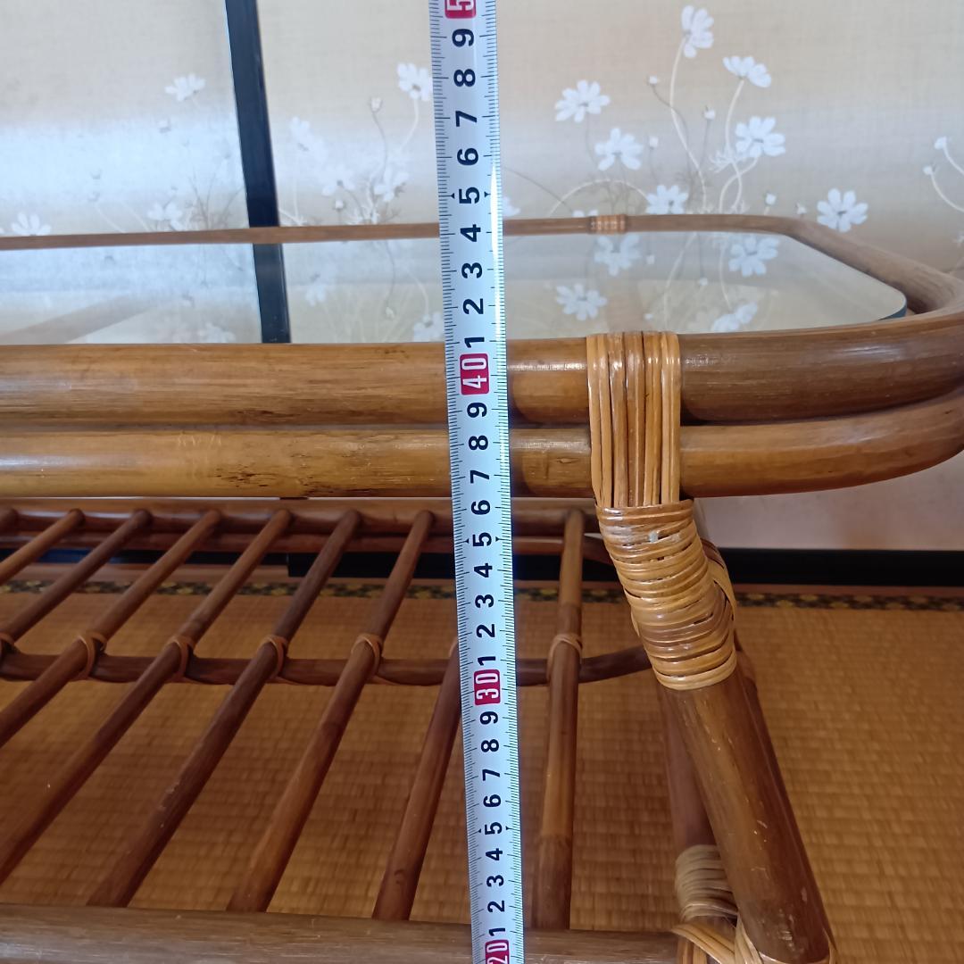 ラタン ガラストップ座卓 約89cm