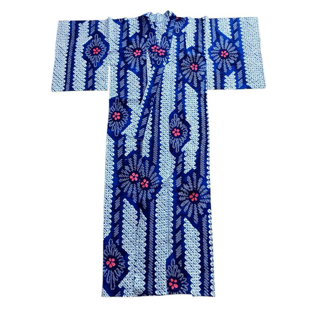 有松鳴海絞り 浴衣 青 ブルー 抽象花紋様 間道 リメイク 手縫い 逸品