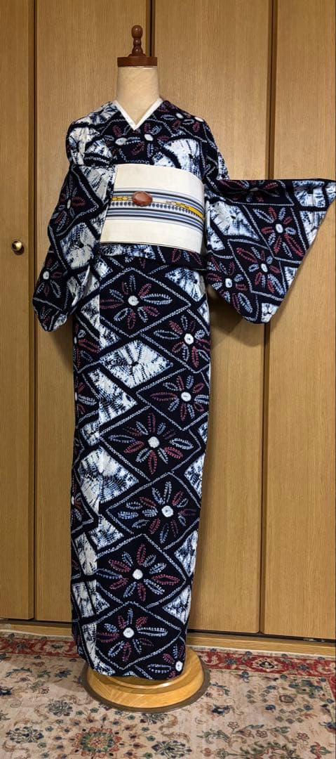 有松鳴海絞り　レトロ　巻き上げ絞り 藍染　花菱　ゆったりサイズ 半幅帯プレゼント