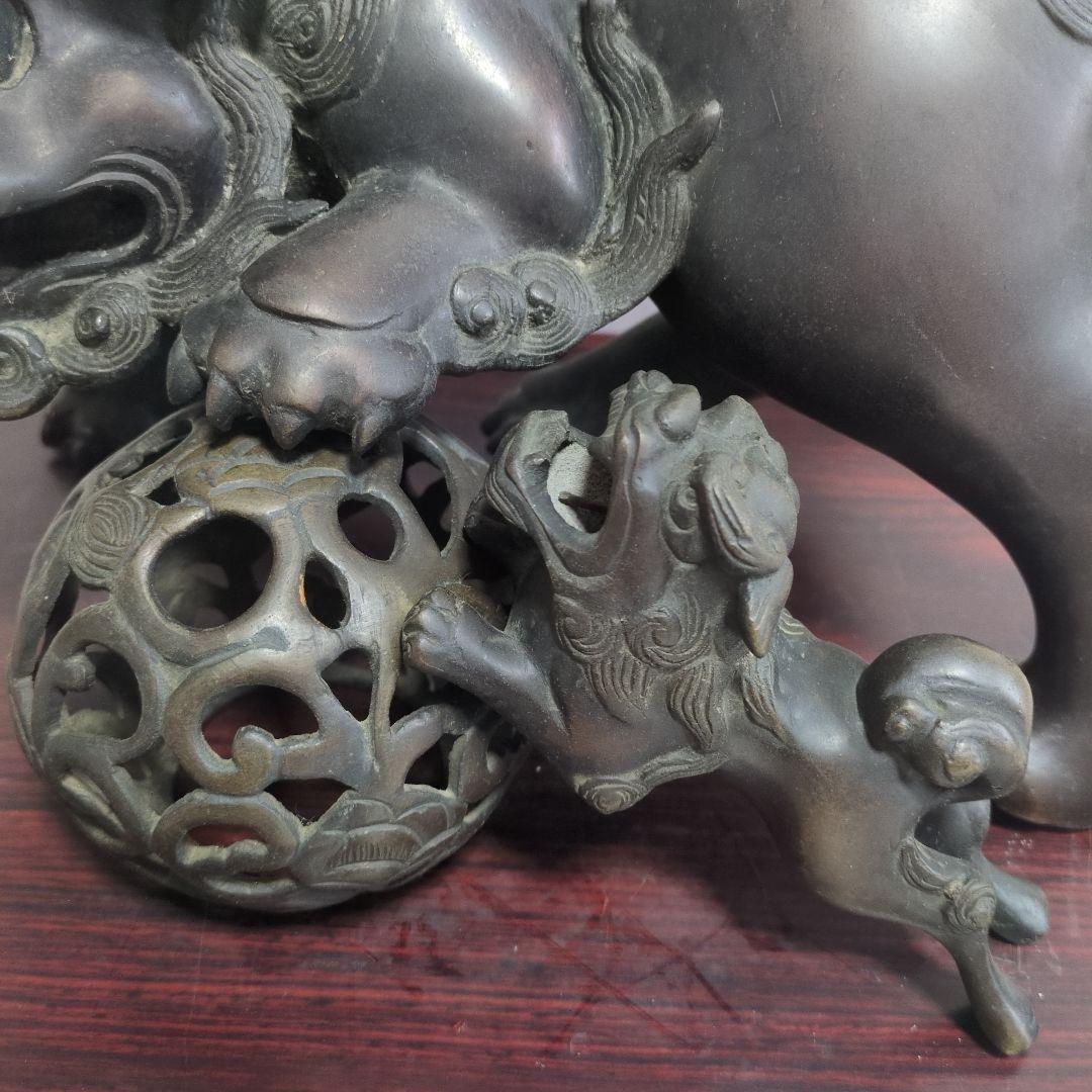 旧家　古い銅製　高炉　獅子　古銅宣徳銅　神獣　魔除　縁起物　彫金　玉獅子