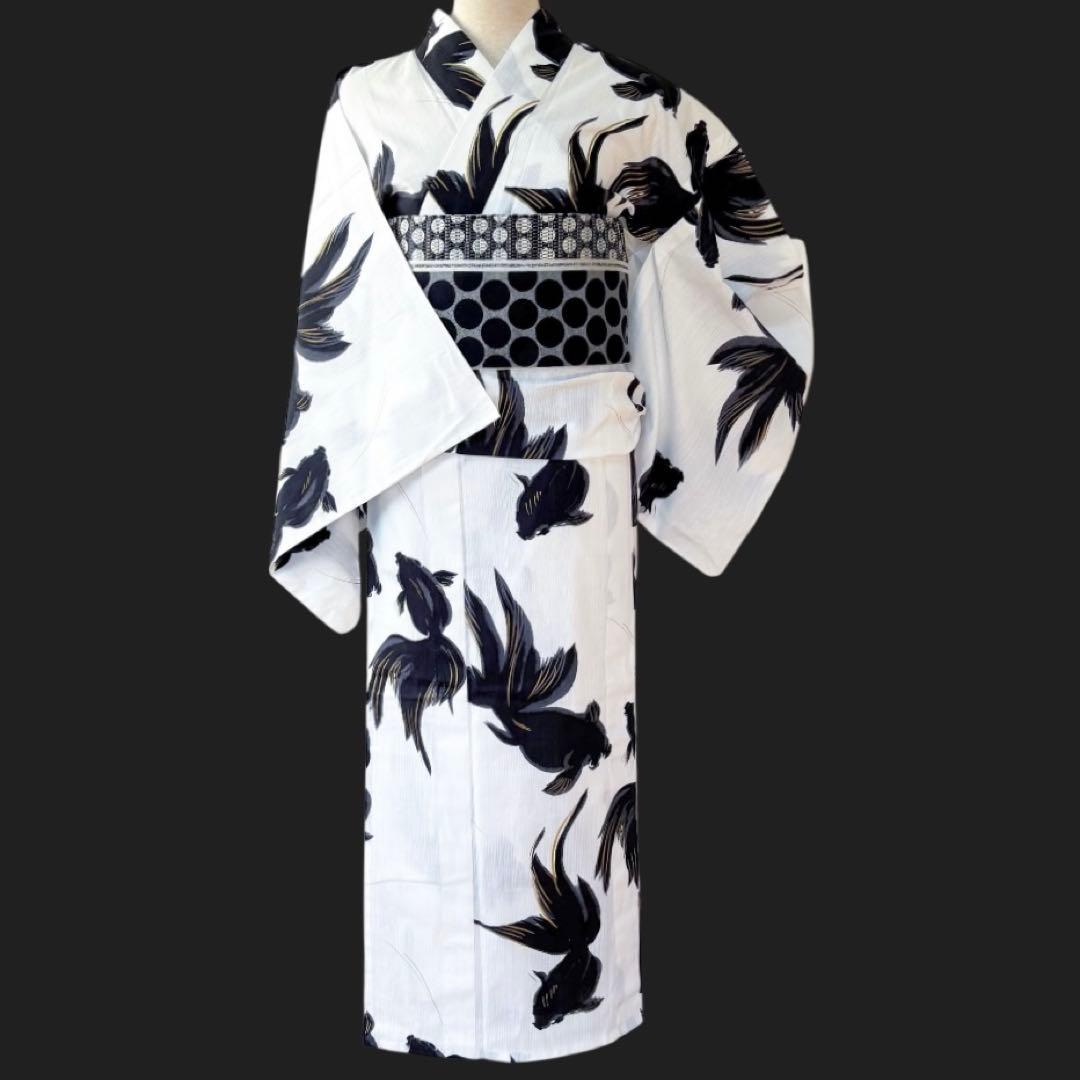 新品浴衣 綿 【白地に黒金魚】可愛い出目金★岡重風★呉服屋さんサンプル品♪