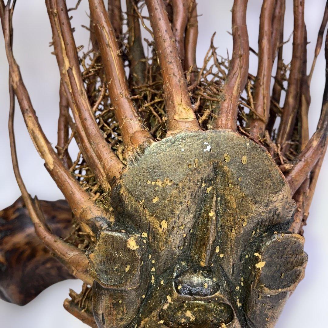 (467)アンティークな木製の鶴と亀さんの枝のアート