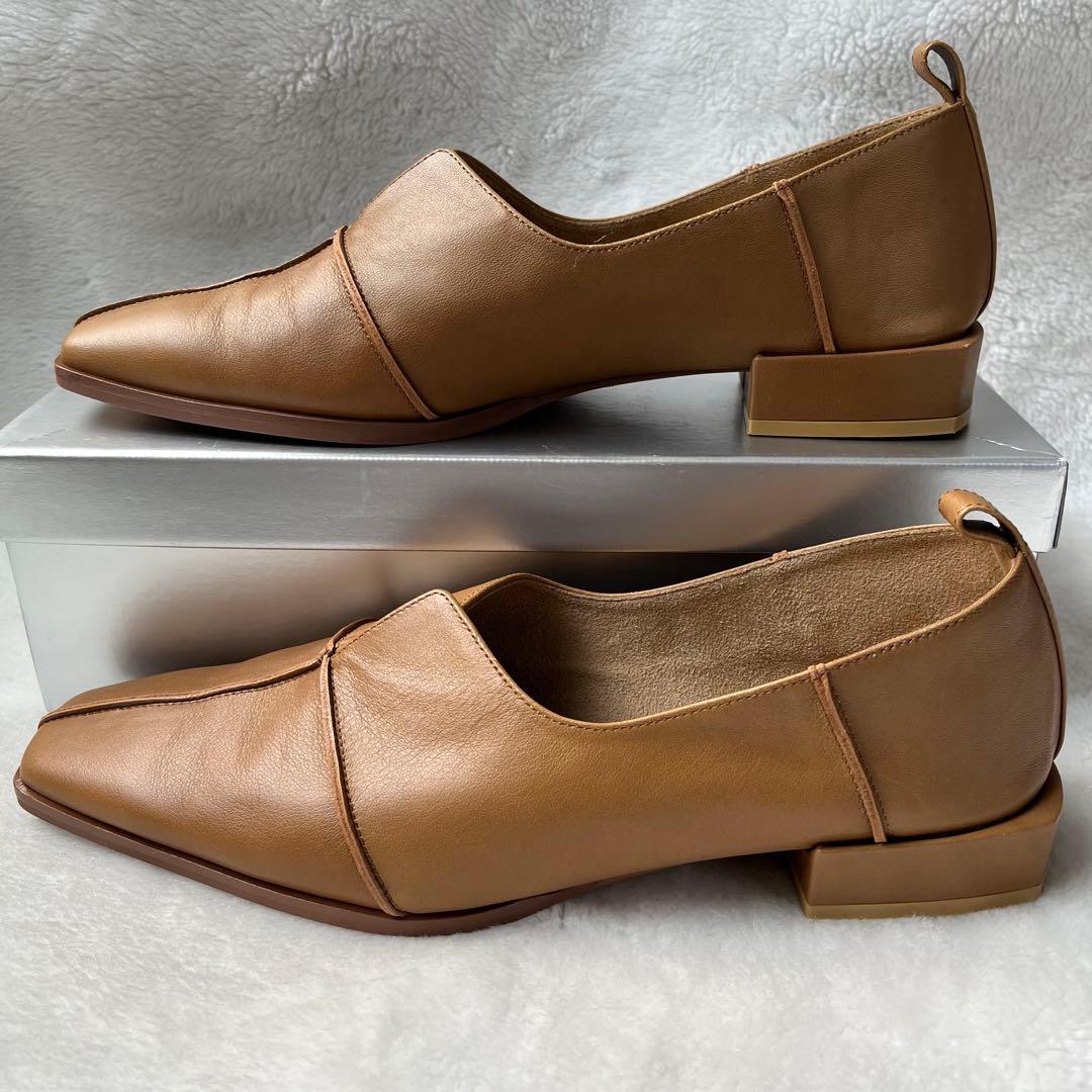 美品☆グリーズ 25cm パンプス レザースクエアクロスシームアンクルフラット