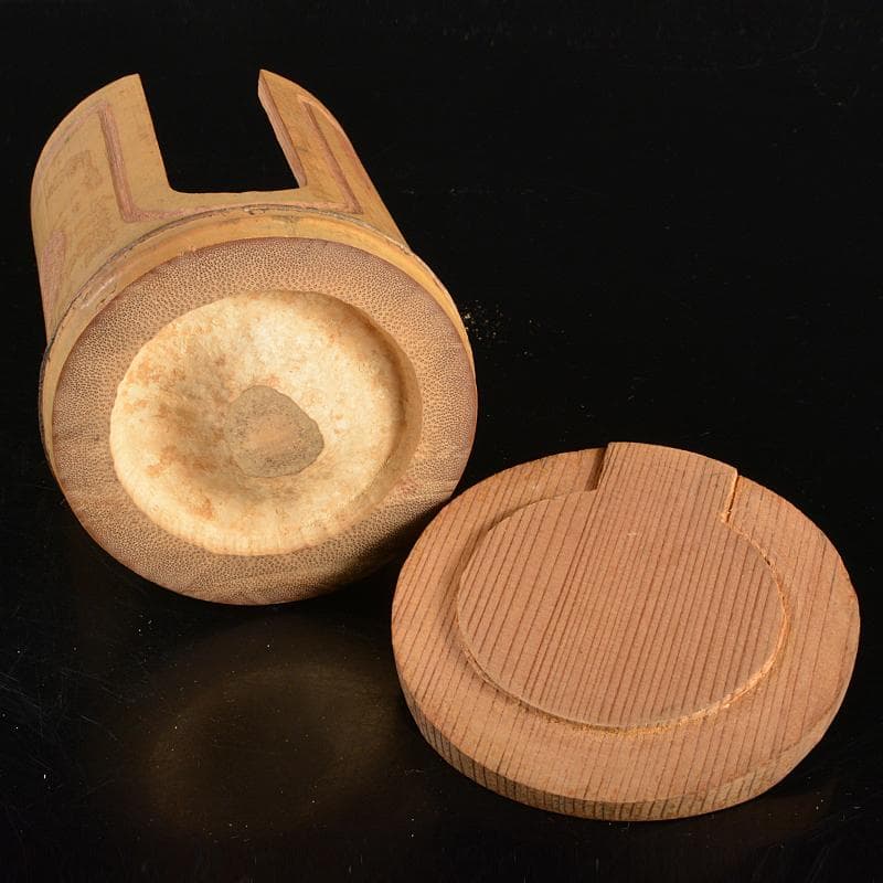 中国　大明成化年製款　青花　煎茶碗　五客　古竹　崇菊銘　碗筒付　D　R6835