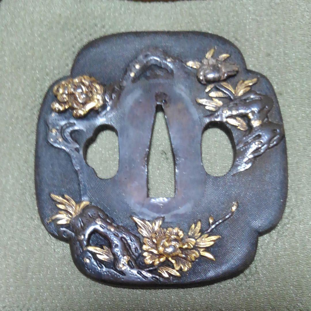 アンティーク　日本刀つば　唐獅子牡丹　象がん　骨董