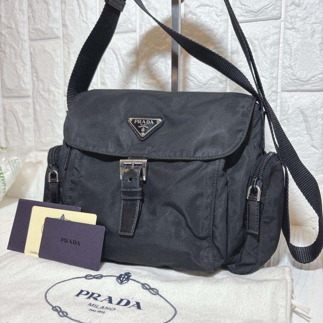 【希少】プラダ　ショルダーバッグ　三角ロゴ　サイドポケット　ナイロン　ブラック