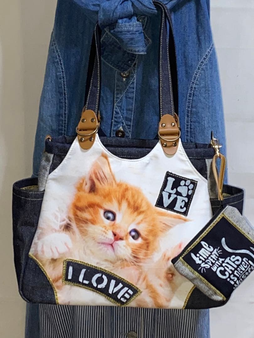 お値下げ☆岡山デニム☆子猫☆トラネコ☆リュック対応☆4wayあおりバッグ