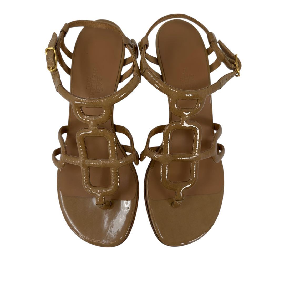 エルメス レザー×パテント 35 サンダル　BEG