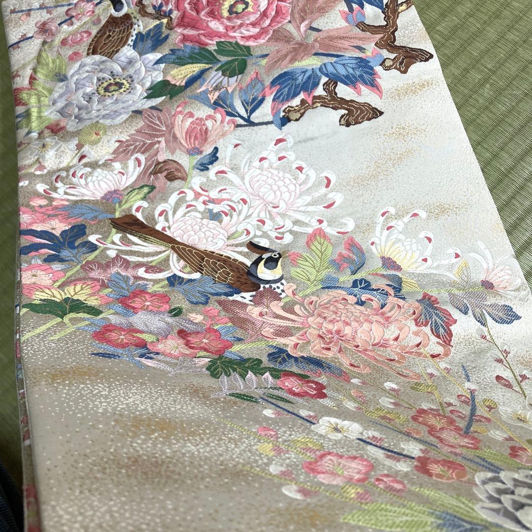 正絹　袋帯　【鳥　花々】