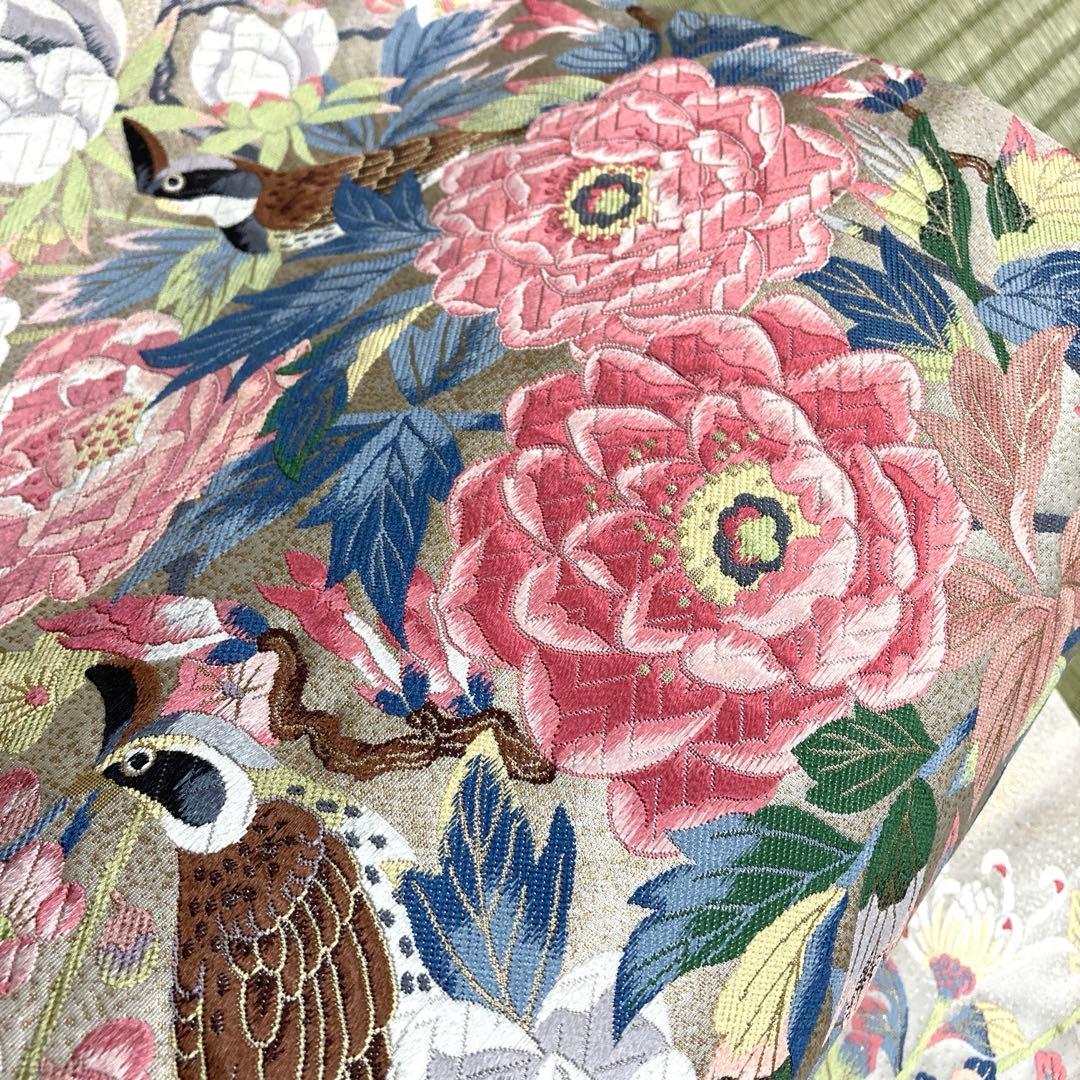 正絹　袋帯　【鳥　花々】