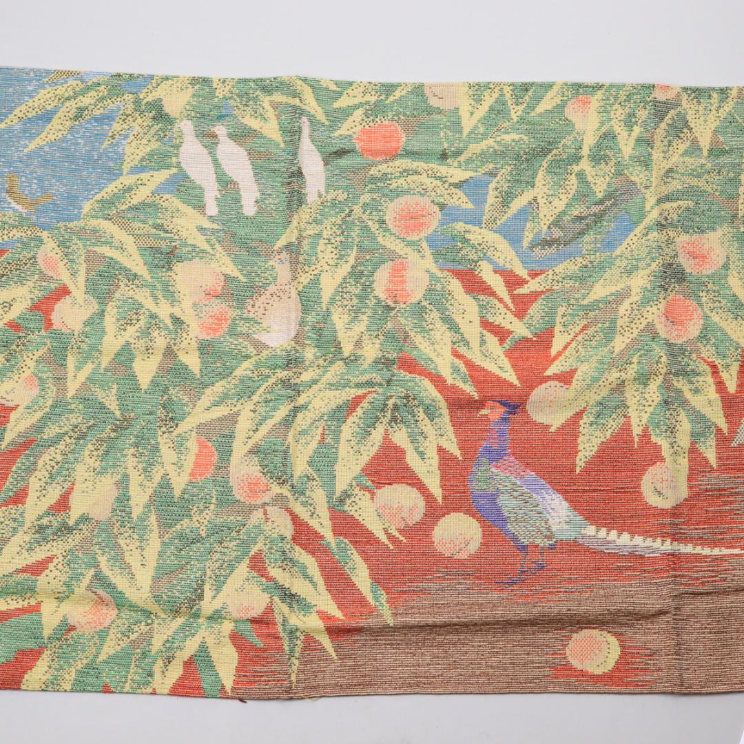 龍村美術織物 黄土地蝋纈染 孔雀文 テーブルセンター 110cm 53cm 箱付