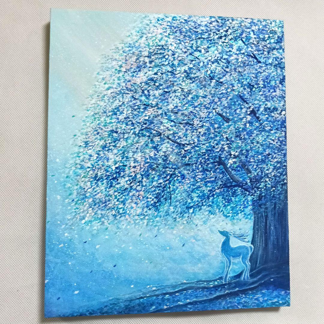 No.534 F3キャンバス　アクリル画　原画　青い絵　鹿　青い木　開運絵画