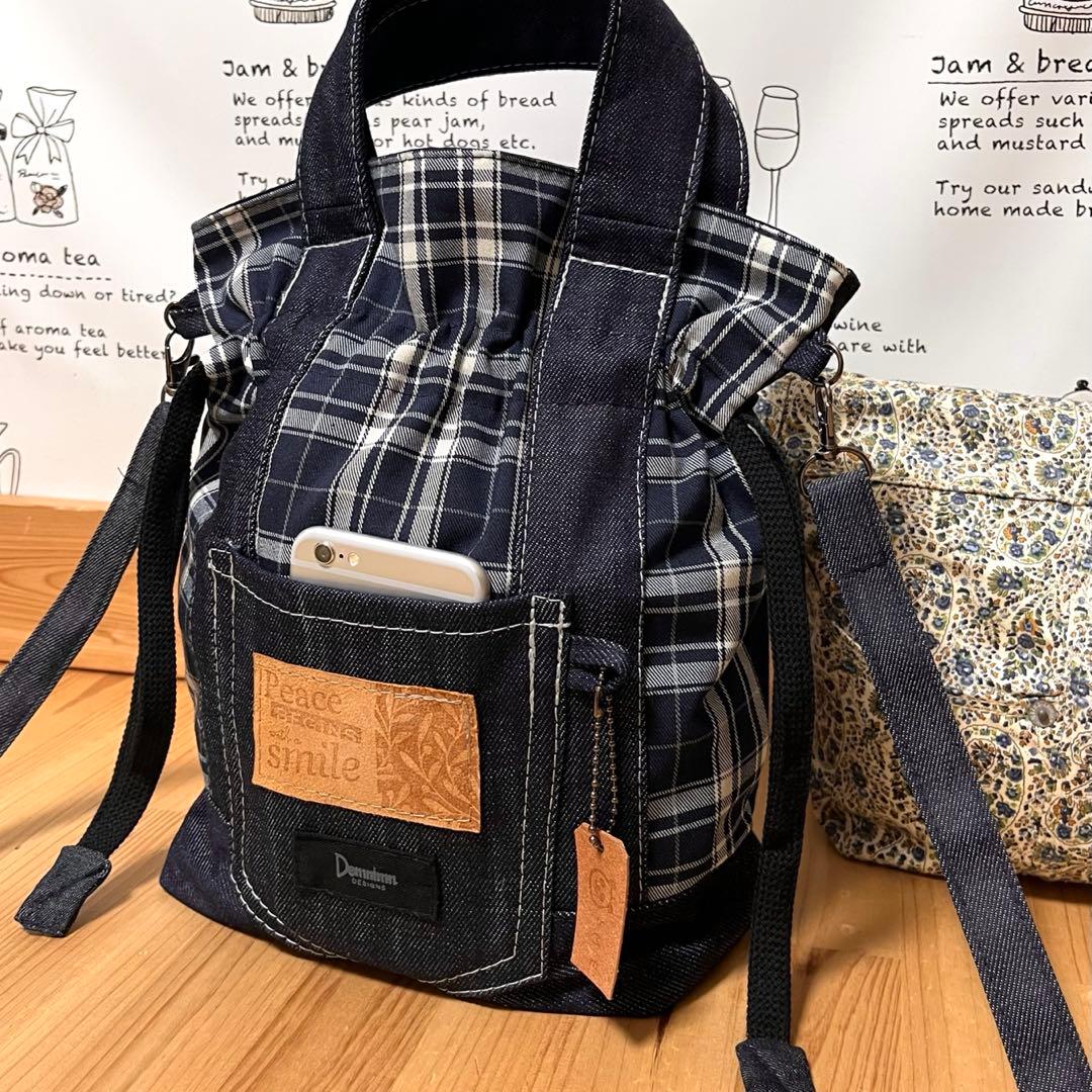 デニムリメイク タータンチェック 巾着 ショルダーバッグ ★2wayハンドメイド