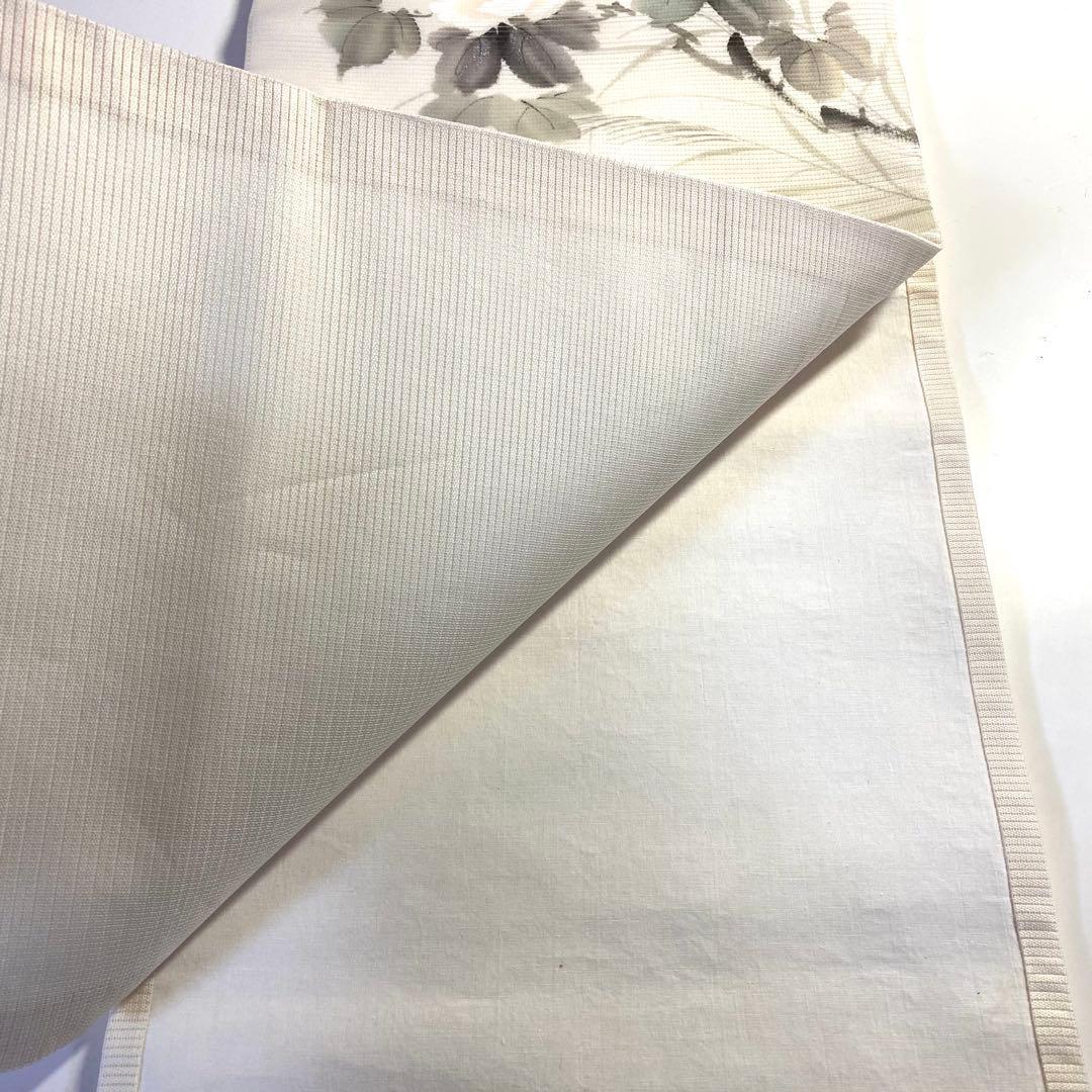 5k897 名古屋帯　絹　夏帯　夏物　絽　落款　旭峯　手書き　蘇州刺繍　白　花柄