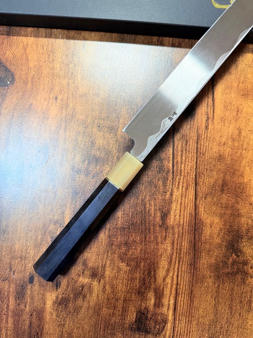 森本光一作　刺身 先丸　青ニ鋼 墨流し　尺　黒檀八角白水牛柄