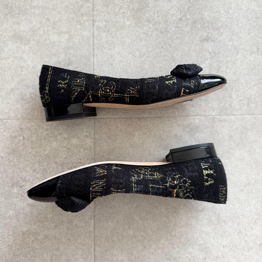 シャネル　パンプス　ココマーク　リボン　ツイード　黒　エナメル切替　保存袋　37