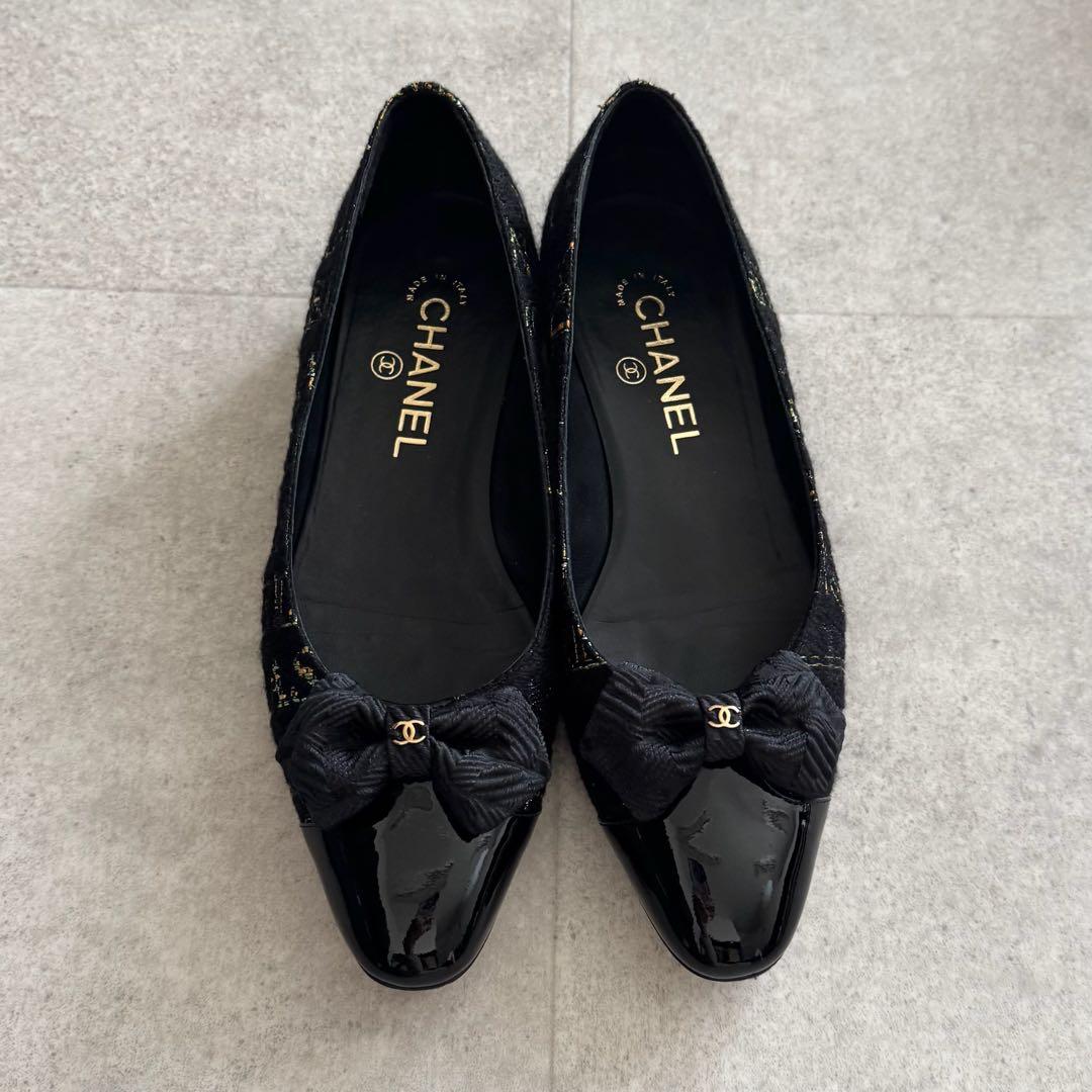 シャネル　パンプス　ココマーク　リボン　ツイード　黒　エナメル切替　保存袋　37