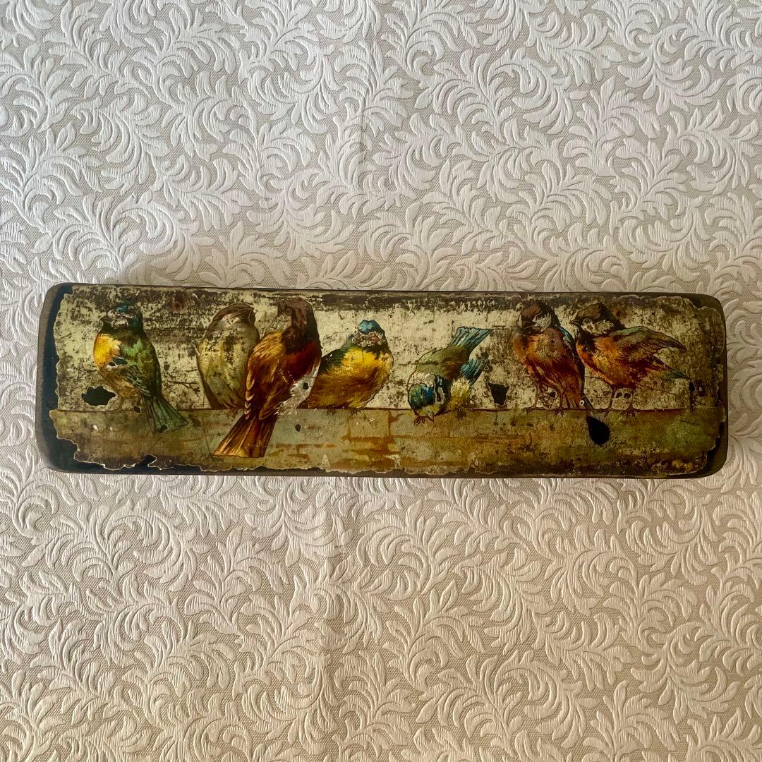 パピエマシェ小鳥柄ペンケース 筆箱　フランスアンティーク 雀　スズメ　バード