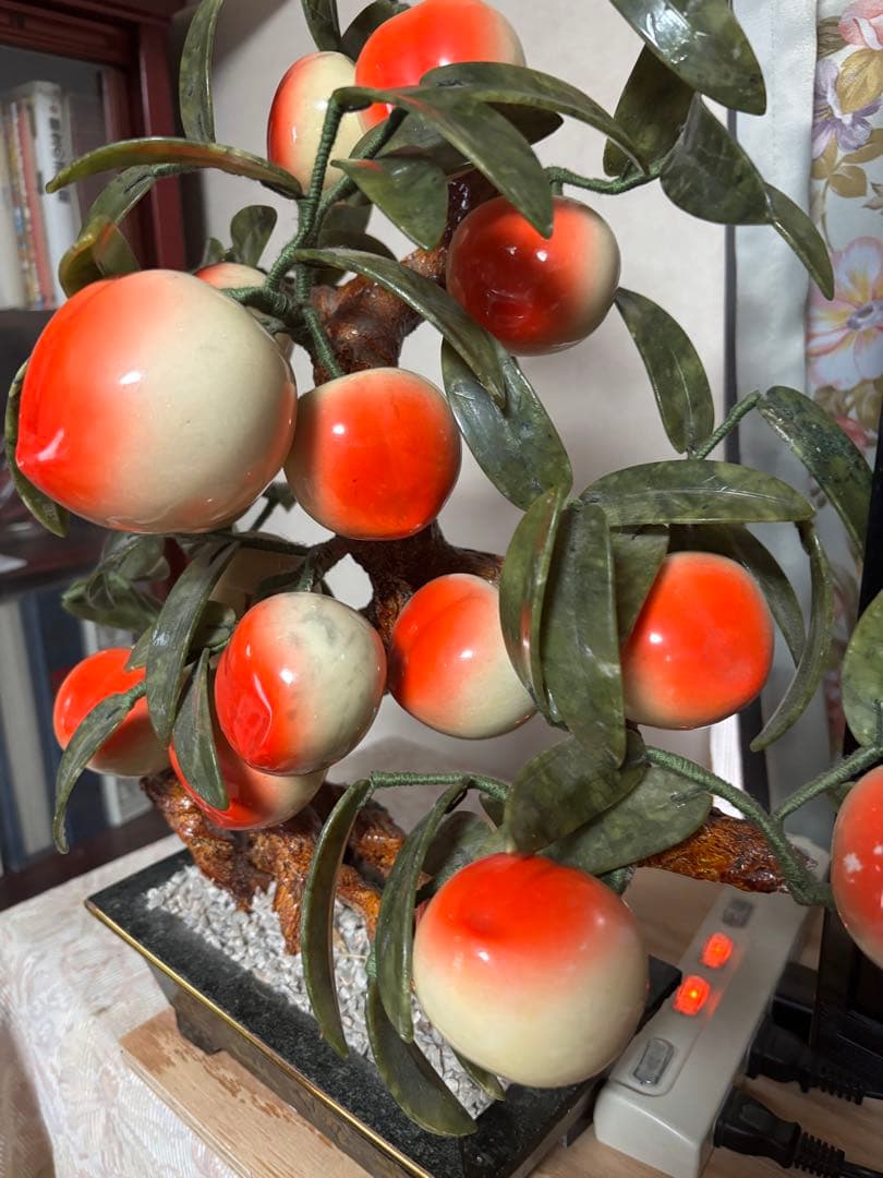 玉石桃木鉢植 玉桃盆栽石細工 玉石彫刻 唐物 中国骨董