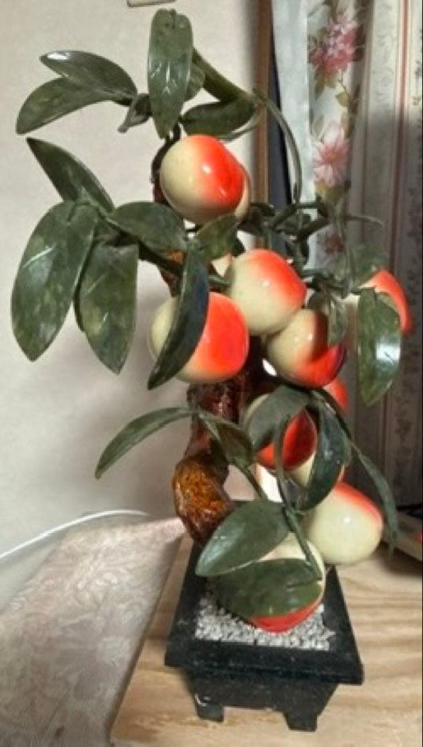 玉石桃木鉢植 玉桃盆栽石細工 玉石彫刻 唐物 中国骨董