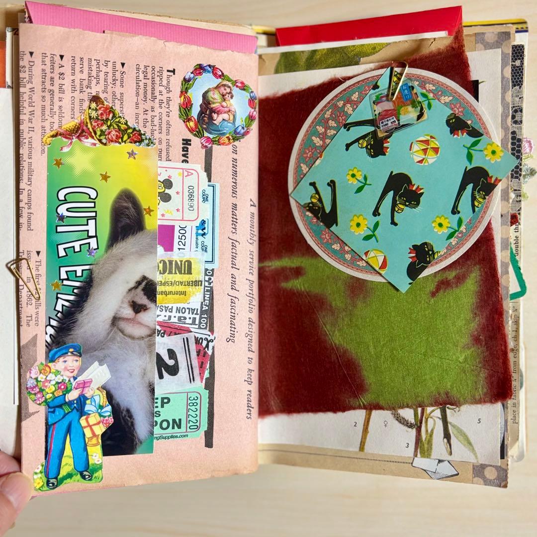 猫のジャンクジャーナル　コラージュ　おすそ分け　紙もの　ラベル　素材　絵本