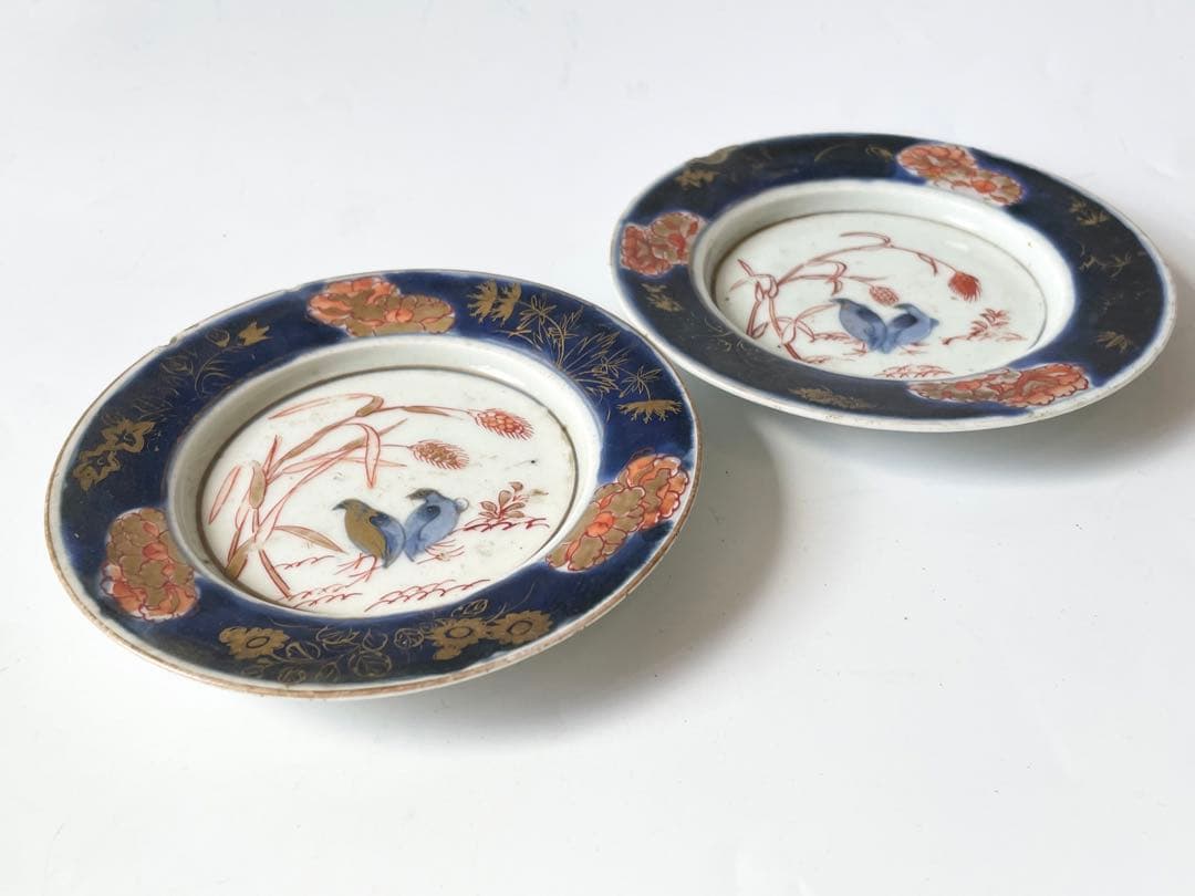 アンティーク　骨董　古伊万里　輸出手　金襴手　粟鶉図　小皿2枚
