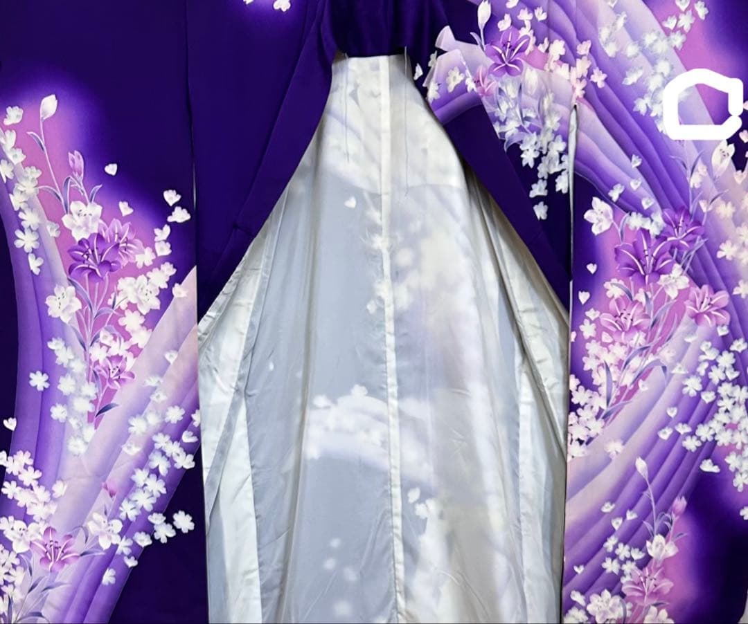 トール振袖 濃紫×藤色 花吹雪 流れ模様 身丈168 裄63 袖丈107