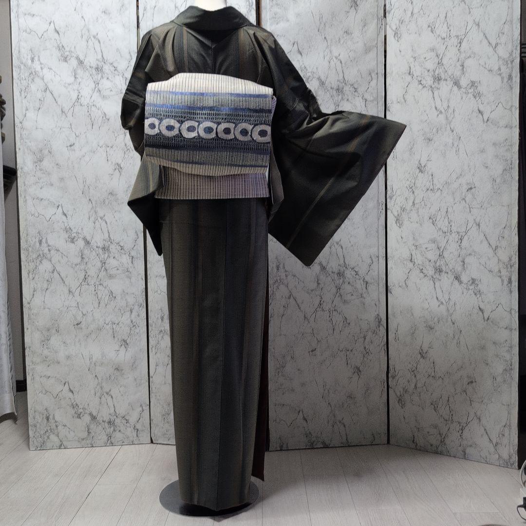 正絹大島紬小紋着物 　ストライプ　モスグリーン系色々