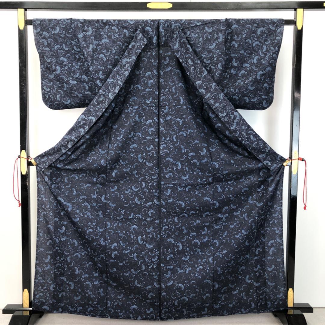 ☆ 単衣 紬 型染 蝶々 花模様 藍色 K-5266