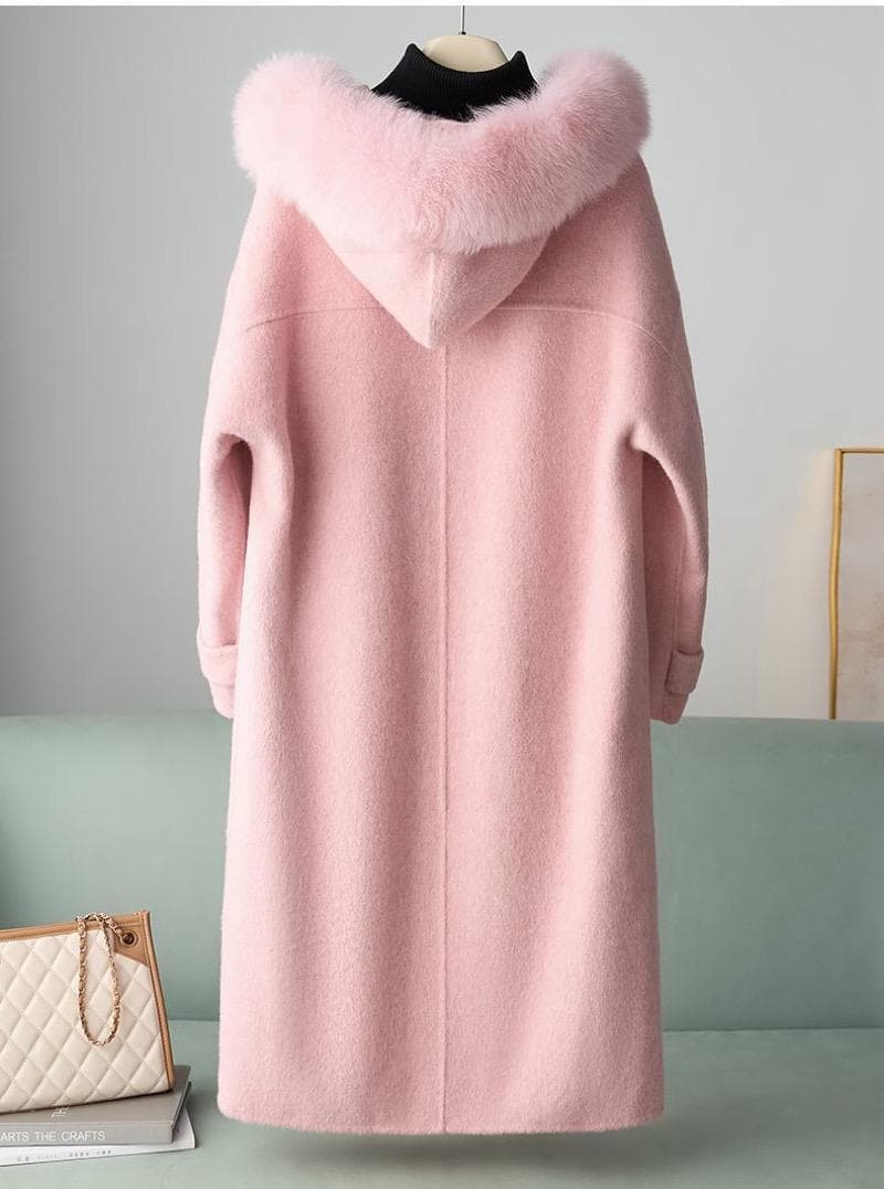 新品 フード付きフォックス衿☆優しい雰囲気のカシミヤ混ウール ロングコート